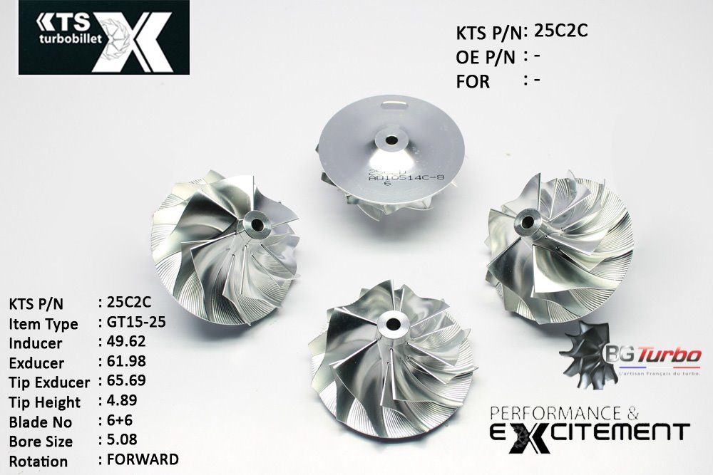 Turbo ROUE FORGÉE MFS PERFORMANCE - 6+6 PALES - INDUCER : 49,62 - EXDUCER : 61,98 - TYPE : GT15-25ANGLE : 60° - ROTATION : Forward - SUPER BACK : 3,71 - BORE SIZE : 5,08
